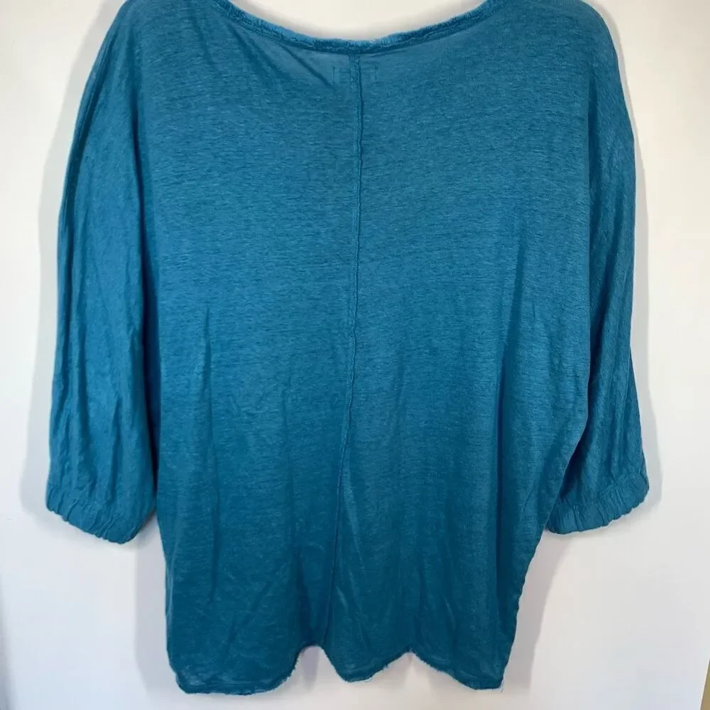 Sundance Women's Frayed Neck Linen 3/4 Sleeve Top Blue Size Medium